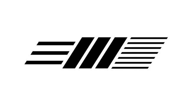 Abstract black and white graphic design element with motion lines and geometric shapes.