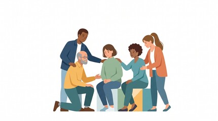 Fototapeta premium Diverse group of people comforting and supporting a distressed woman, representing community care, emotional support, empathy, mental health, compassion, friendship, and social connection.