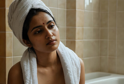 Self care and wellness routine, young indian woman with towel on head after shower in bathroom for skincare and morning beauty ritual in home environment