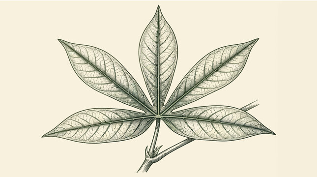 Vintage botanical illustration of a cassava leaf with detailed veins