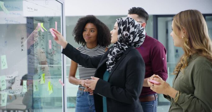 Teamwork, board and planning with business people in office for schedule, project timeline or meeting. Sticky note, brainstorming and task checklist with employee in agency for design phase tracking