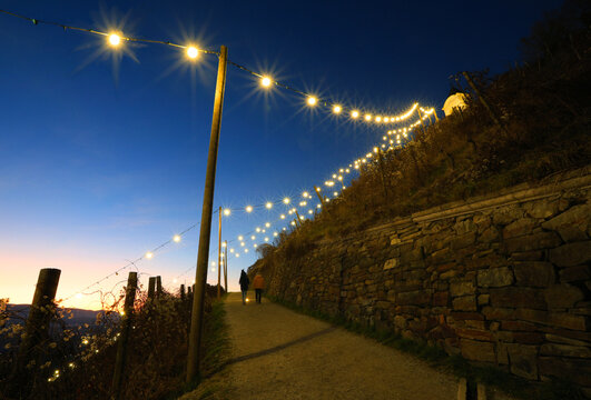 Maribor, Slovenia, Piramida, Piramida hill, pathway, walking path, string lights, illuminated, evening, twilight, autumn, sunset, Styria, travel, tourism, landscape, Europe, hiking, walking, scenic, d