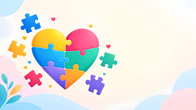 Colorful puzzle heart symbolizing unity, love and connection on a pastel background