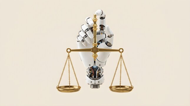 White robot hand balancing golden justice scales on neutral.
