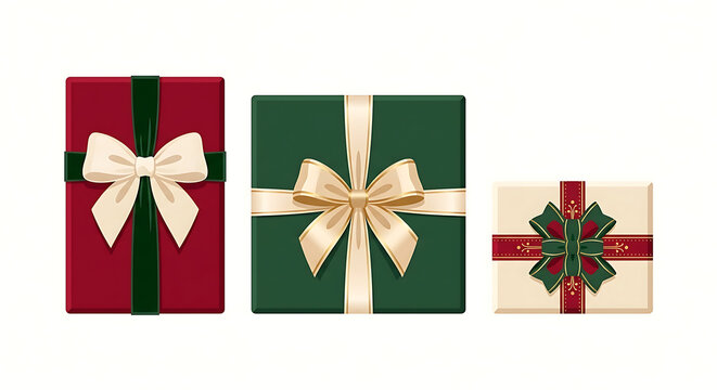 Top view of three beautifully wrapped Christmas gift boxes with luxury ribbons and bows isolated on clean white background, holiday gift concept