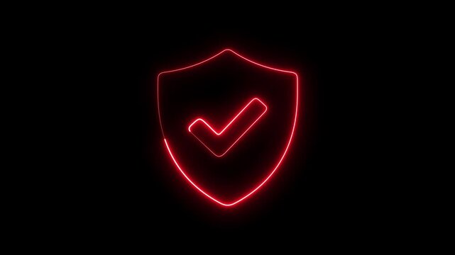 Neon red shield with checkmark symbol, cybersecurity and data protection concept, glowing digital security sign on black background
