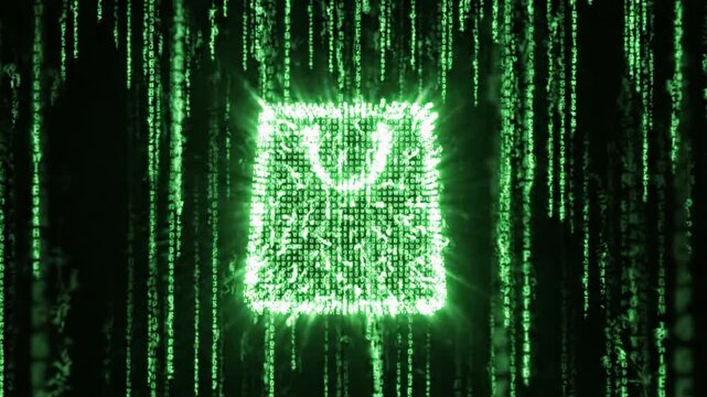 Digital Shopping Bag Appears in Matrix Code Rain Animation
