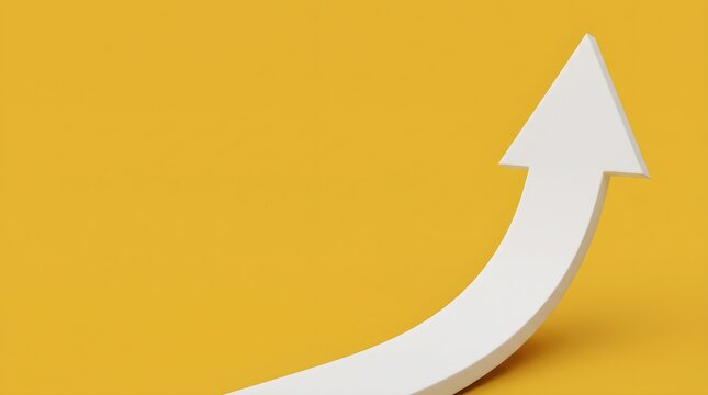 Curved white arrow pointing up on vibrant yellow background.