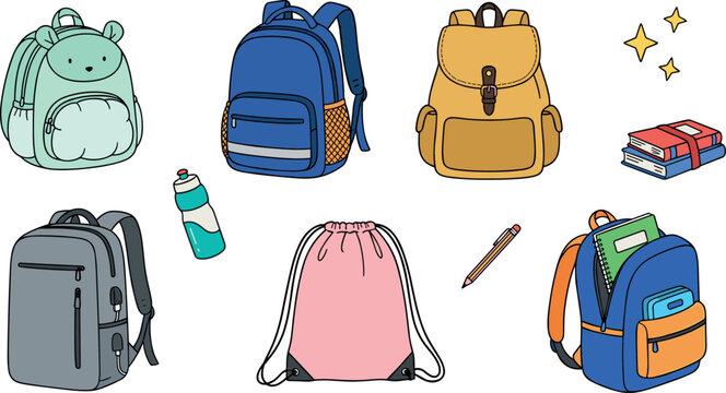 School backpack icon set with bear design, drawstring bag, water bottle, books and pencil, back to school vector illustration