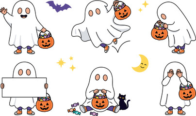 Fototapeta premium Cute ghost costume kid character set with pumpkin candy bucket, bat, black cat, blank sign and trick or treat vector illustration