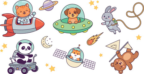Obraz premium Cute space animal icon set with cat astronaut rocket, dog UFO, panda rover, fox satellite and bear flag cartoon vector illustration