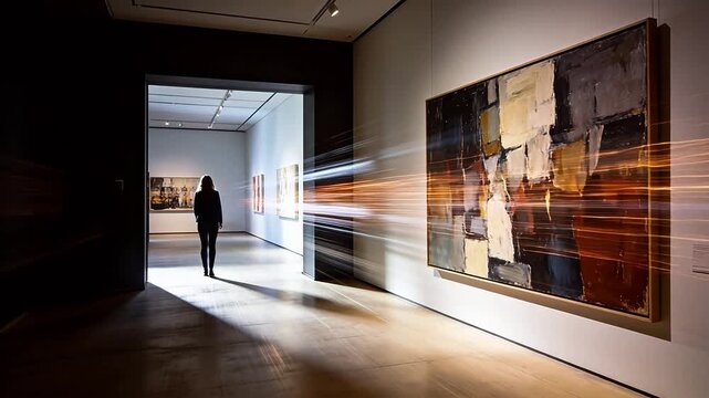 Contemporary art gallery displaying abstract paintings on white and dark walls