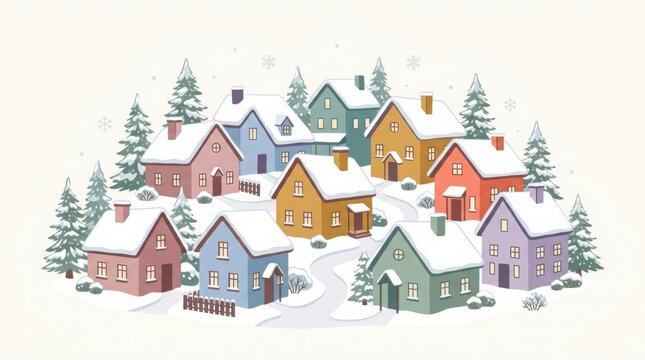 Small colorful houses in a cozy winter snow village