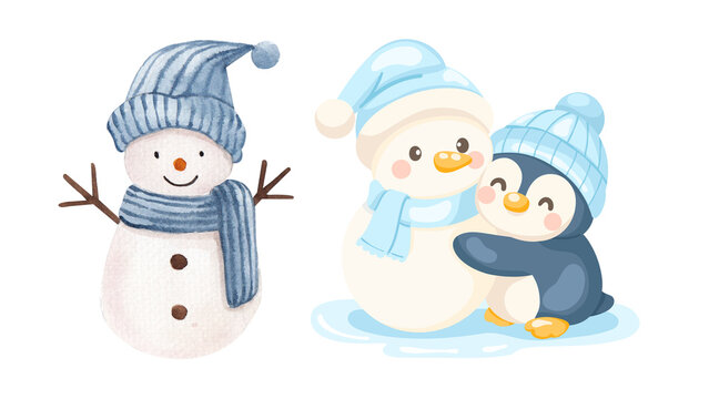 Cute Watercolor Snowman and Little Penguin Hugging Winter Character S