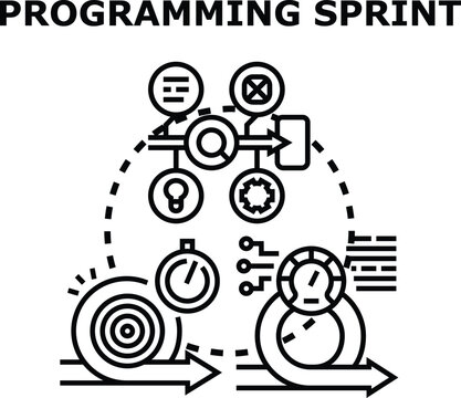 Programming sprint vector concept illustrating time boxed development, iterating tasks through planning, coding, reviewing, and achieving project goals with agile methodology