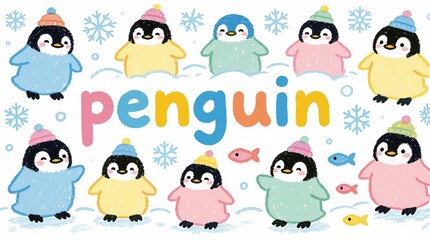 Fototapeta premium Cute penguin cartoon characters wear colorful winter clothes in snowy arctic landscape. Adorable baby birds stand near text penguin with snowflakes, small fish. Playful crayon drawing illustration