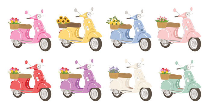 Set of colorful retro-style scooters in pastel shades, each with a flower basket; cheerful vector illustration for design projects