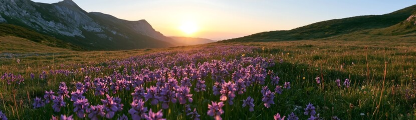 Fototapeta premium Colorful orchid meadow at sunset in the mountains