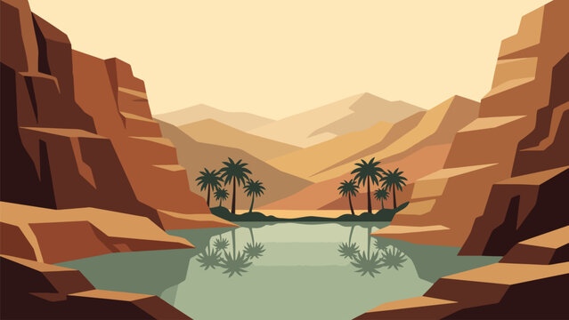 Minimalist flat Arabian oasis landscape vector illustration with palm trees canyon cliffs and calm water pool, wilderness banner background