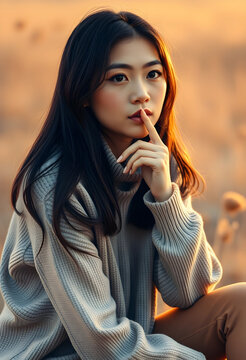 Privacy and confidentiality concept, young woman holding finger to lips in silence gesture outdoors during golden hour with soft natural lighting