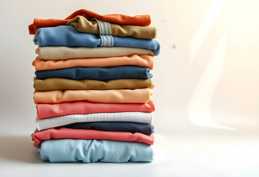 Organization and minimalism, stack of neatly folded colorful cotton clothes for laundry or wardrobe storage on a clean white background