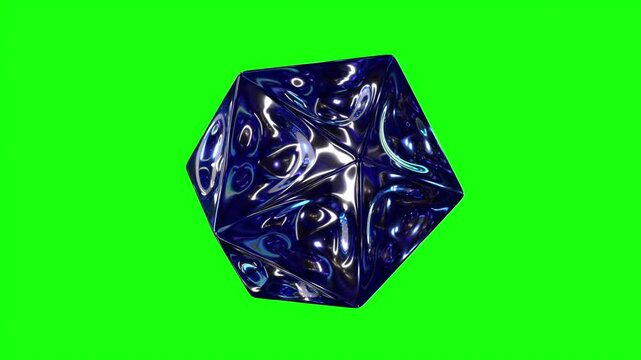 Blue Glass Abstract Faceted Hexagonal Crystal Dice 3D Shape on Green Screen &ndash; Seamless 4K Loop