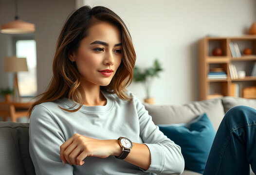 Time management and punctuality concept, young woman checking wristwatch while relaxing on sofa at home with casual lifestyle and daily routine