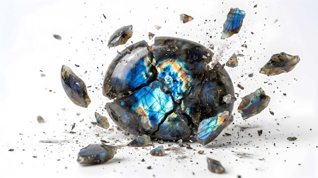 Exploding Labradorite Gemstone with Iridescent Blue Glow and Shattered Fragments on White Background