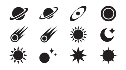 Celestial body silhouettes featuring planets sun stars and comets for astrophysics research and space themes. © Md