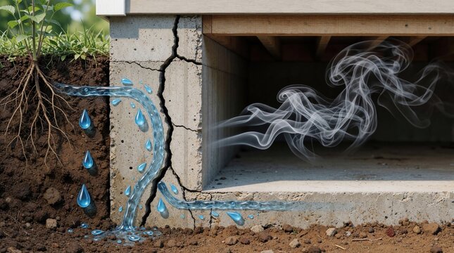 Diagram shows water, gas entering basement through concrete crack. Soil moisture sepic into foundation, radon smoke drifts inside. Illustrates structural vulnerability, indoor air quality issues.