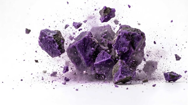 Explosive Sugilite Mineral Shattering into Purple Fragments and Dust on White Background