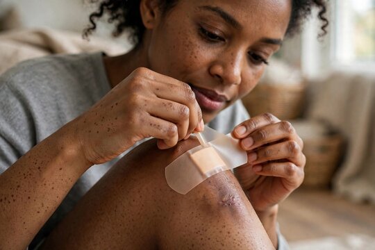 Woman applying hydrocolloid bandage on knee for wound care