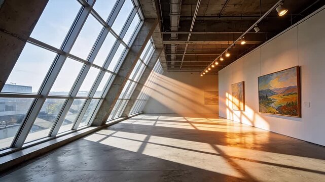 Modern art gallery interior with large windows and landscape paintings on wall