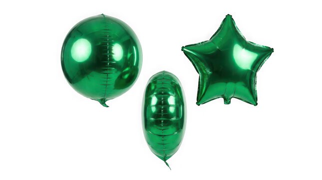 Set of three metallic green foil balloons in sphere, oval, and star shapes isolated on transparent background