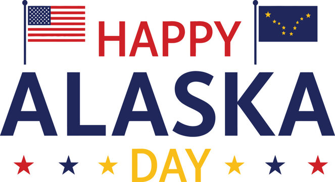 Celebrate Alaska Day with this flat vector design featuring the US flag, Alaska flag, and patriotic stars. Ideal for posters, social media, and commemorative events for the 49th state.