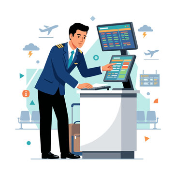 Pilot Interacting with Flight Schedule Computer at Airport Check-in Desk