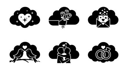 Obraz premium Valentine's Day Cloud Icons: Love, Romance, Birds, Rings, Gifts, Hearts, Vector Set