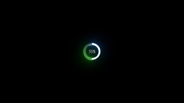 100% loading ber and sabe second countdown timer animation, neon number text glowing from 0 to 100% in the waiting   with attractive circle animation. Circle countdown timer 25 second animation graphi