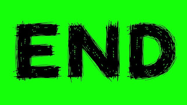 hand drawn black fill end text animation featuring a stop motion look, jitter effect, and rough edges on a green screen chroma key background