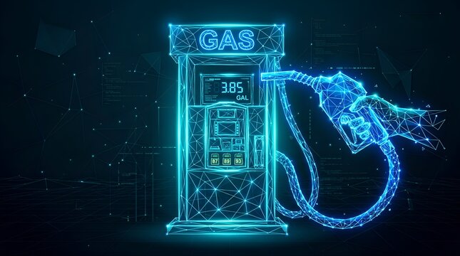 Abstract digital illustration of a gas pump with a nozzle in hand, representing fuel and energy consumption in a futuristic style