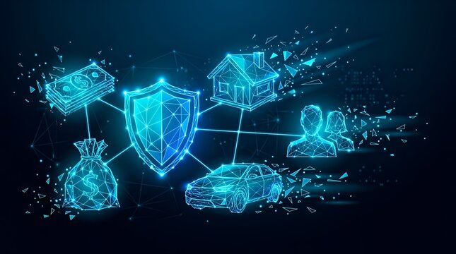 Digital insurance and personal asset protection network concept with futuristic cyber security shield illustration