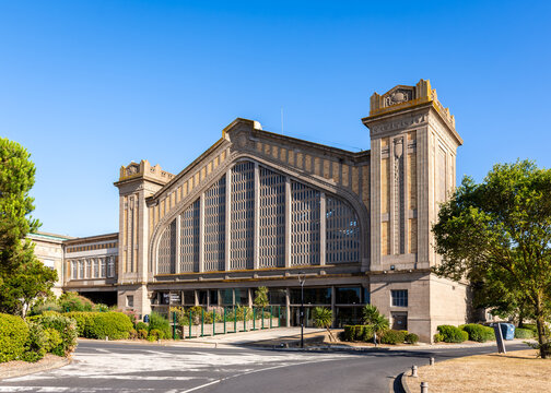 Cherbourg, France - July 19, 2026: North facade of the hall of the former Transatlantic Maritime station, home to the Cite de la Mer maritime museum dedicated to submarine exploration, open in 2002.