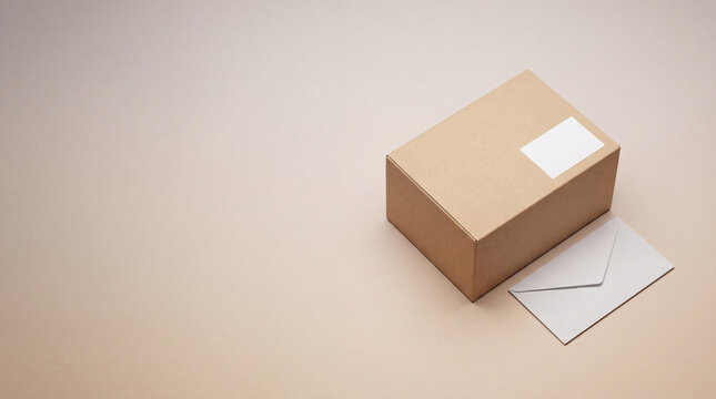 Brown cardboard shipping box with blank white label and mailing envelope mockup for delivery branding on neutral background