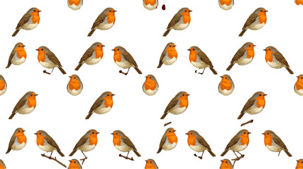 Fototapeta premium Seamless Pattern of Small Garden Birds with Orange Breasts on White Background Vector Illustration