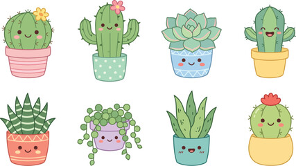 Fototapeta premium Kawaii cactus and succulent plants in cute pots vector set