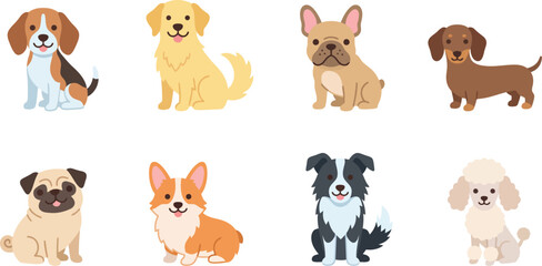 Obraz premium Cute purebred dog breeds character set vector illustration