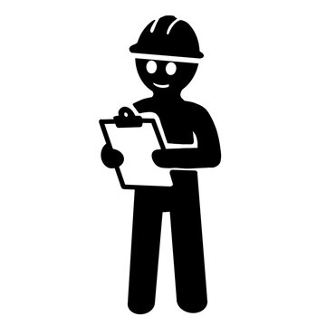 Engineer Worker Wearing Hard Hat Holding Clipboard PNG Graphic Isolated on White Background. Construction Inspector and Site Supervisor Silhouette Icon
