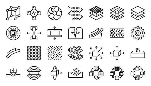 material science crystal lattice and physical properties vector icon set.
