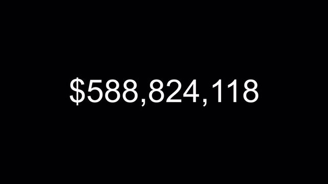 dollar number counter animation 0 to 2000000000 on black background, zero to two billion with dollar sign in 4k animation with alpha channel.