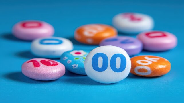 Bingo balls with numbers and patterns scattered